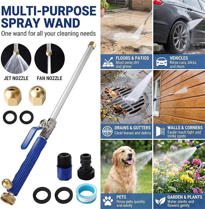 Jet Nozzle for Garden Hose, Metal Power Washer Wand with 2 Brass Nozzles, High Pressure Washer with Quick Connect Adapter for Car Wash, Patio, Window and Garden Watering(Black)