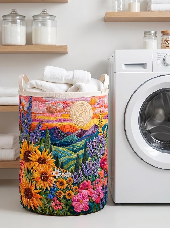 Quilted Laundry Basket with Handles, Boho Floral Quilted Storage Hamper, Large Capacity Laundry Hamper for Nursery Bedroom Laundry Room Home Decor (Pattern 12, Large (28"H x 20"W x 20"L))