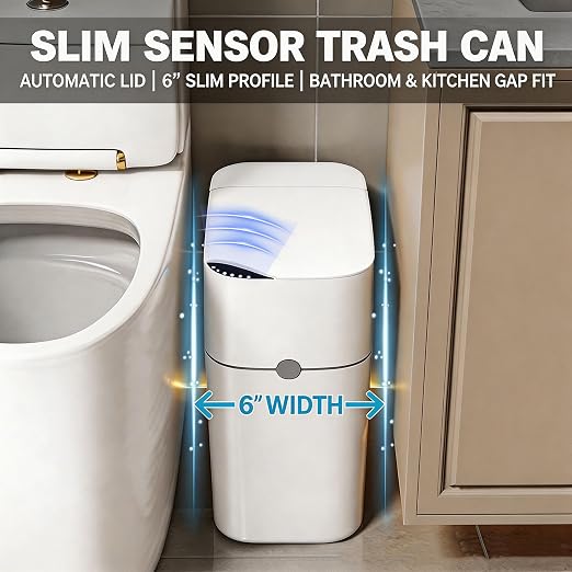 Motion Sensor Bathroom Trash Can, Automatic Touchless Smart Garbage Bin with Lid, 3 Gallon Slim Small Bin with Auto Bag Adsorption for Kitchen, Bedroom, Office, Restroom,Living Room