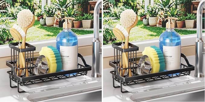 SWTYMIKI Sink Caddy Sponge Holder - Kitchen Sink Organizer with High Brush Holder for Countertop to Hold Dish Soaps and Sponges, Stainless Steel, Black (Pack of 2)
