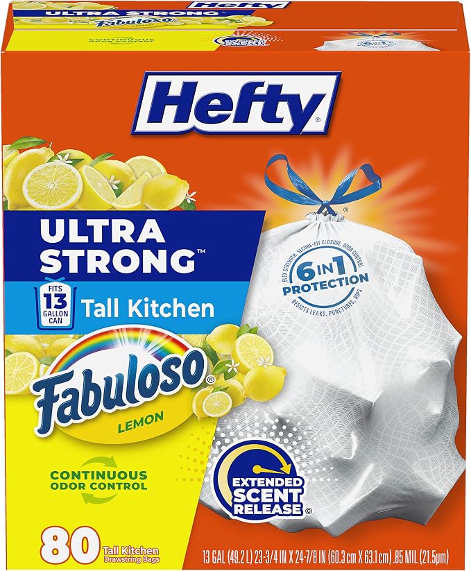Hefty Ultra Strong 13 Gal Kitchen Trash Bags, White, Fabuloso Lemon, 80ct | 13G Tall White Trash Bags with Drawstrings for Kitchen and Home Use, Resists Leaks, Punctures, Rips, Continuous Odor Control