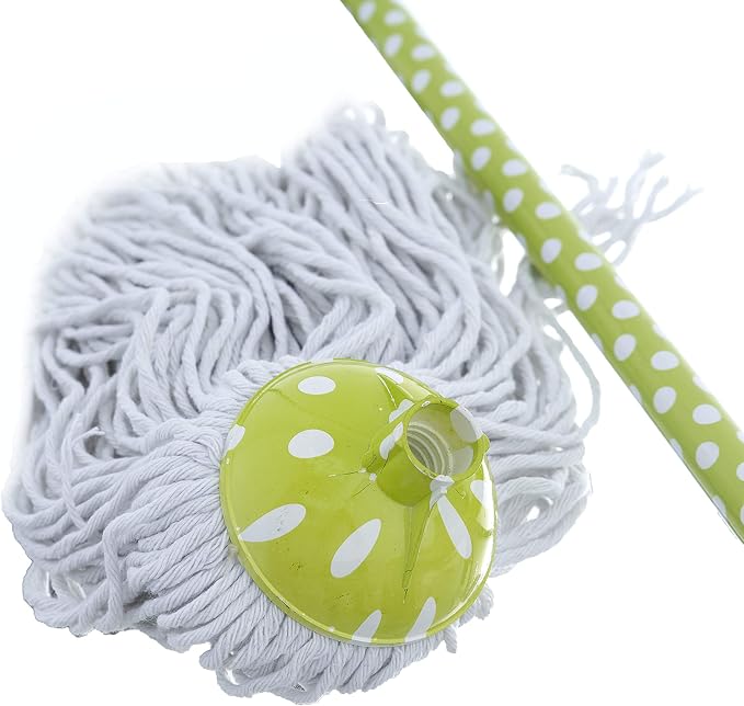Superio Cotton Mop and Broom Set, Light Green Polka Dot Print Design, Superior Cleaning Tools Broom and String Mop.