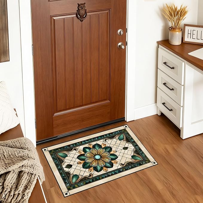 Stained Glass Floral Laundry Mat 23.6 x 19.6 Inch (Retro Green)