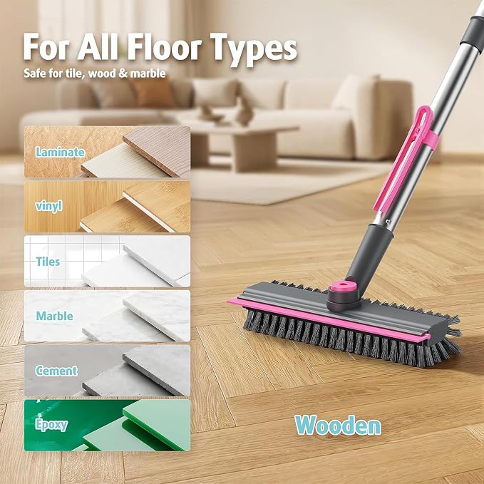 AIR U+ Floor Scrub Brush with Long Handle, 4 in 1 Floor Scrubber & Squeegee | Small Scrubber with Stiff Dual-Sided Bristles and Rotating Head for Shower, Bathroom, Bathtub, Kitchen and Patio, Pink