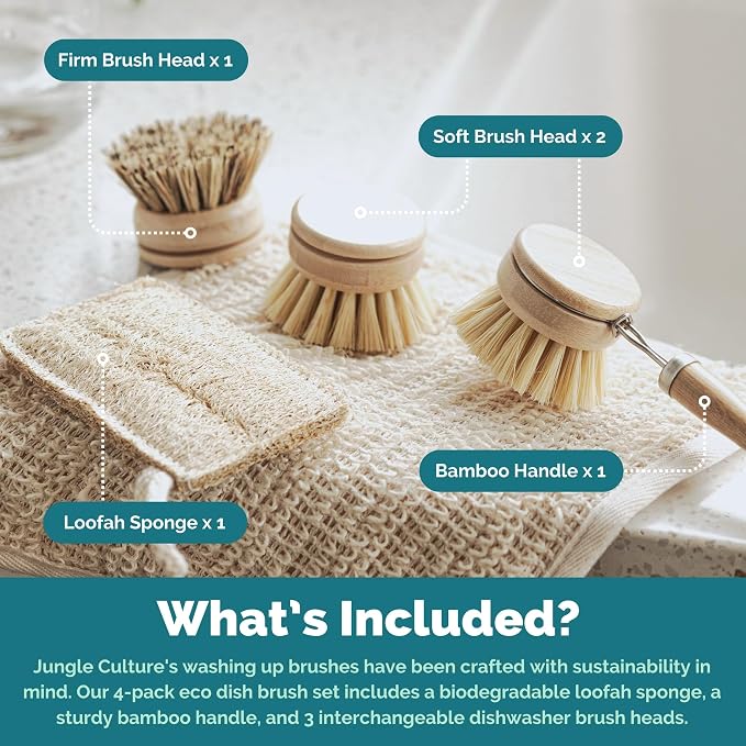 JUNGLE CULTURE Bamboo Dish Brush • 3 Swap Heads & Loofah Sponge • 4 Piece | Non Toxic Plastic Free Kitchen Brushes for Pots, Pans, Cast Iron, Jars & Vegetables • Natural Fiber Bristles