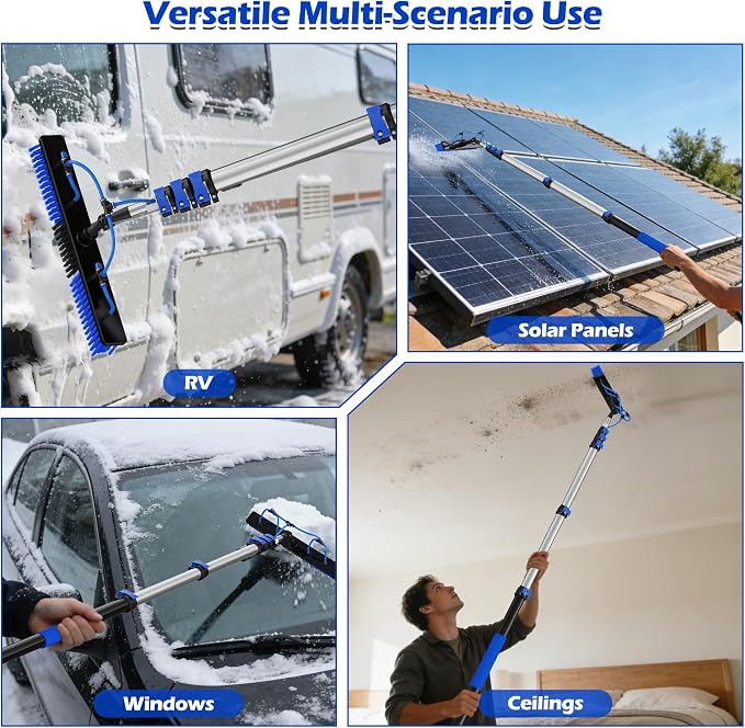 25 FT Reach Solar Panel Cleaning Brush Kit with Telescopic Pole | Water‑Fed Brush With 5‑20FT Dual Flip‑Screw Lock Pole, Soap Dispenser & Soft Bristles for Snow Removal, Boats, Windows, Rvs