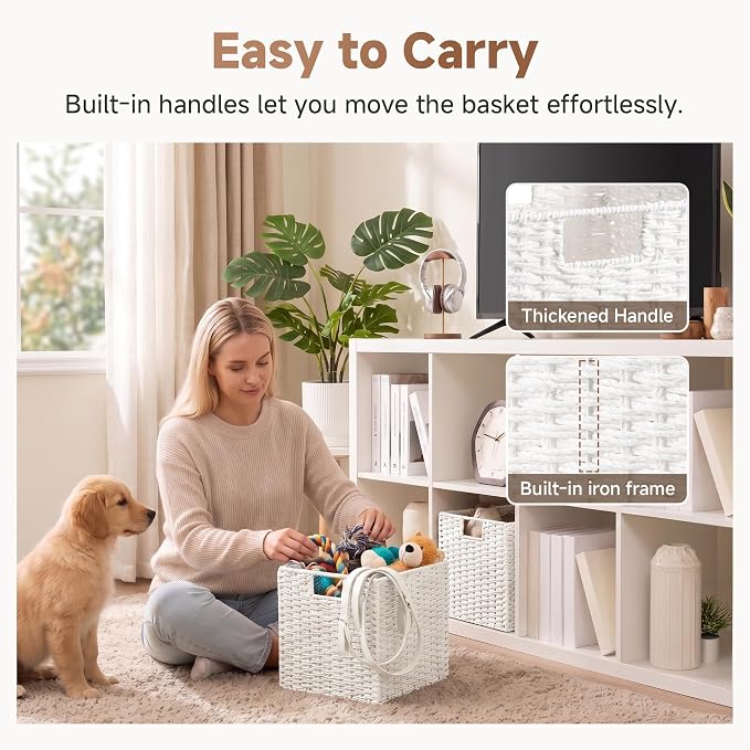 StorageWorks 11 inch Cube Storage Bin, White Storage Cubes, Wicker Baskets | 2-Pack, Handwoven Paper Rope White Wicker Baskets, Wicker Storage Cubes with Handles, Foldable Square Baskets for Organizing