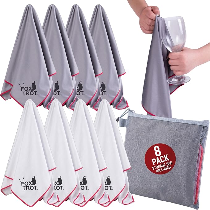 Fox Trot Wine Glass Polishing Cloths, 8 Pack, Storage Pouch Included | Microfiber, Streak free, 23 x 20 in, for stemware, crystal and glassware