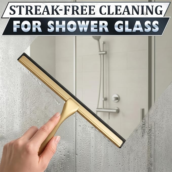 Stainless Steel Shower Squeegee, Glass, Silicone, 10 Inch (Gold) | Shower Door Squeegee with Silicone Blade, Adhesive & Hanging Hooks for Mirror, Tile, Window, Car, Multi-Surface Everyday Use