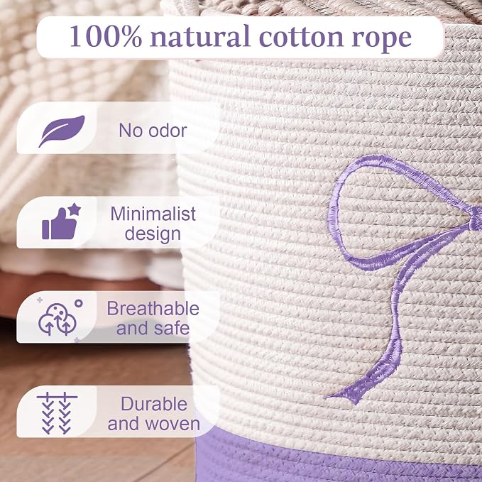 Honeydak Large Laundry Basket Purple Bow Hamper 13 x 20 Inches Laundry Basket Cotton Rope Purple Hamper Coquette Bow Room Decor Storage Blanket Toys Clothes Organization for Teens Girls