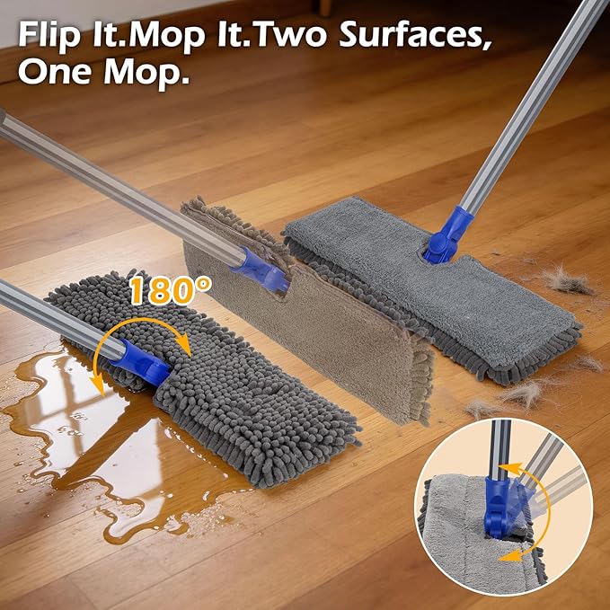 Dust Mop for Hardwood Floors,Double-Sided Flat Mops with 4 Mop Pads | Microfiber Mops for Floor Cleaning with Stainless Steel Handle for Hardwood, Vinyl, Laminate, Tile
