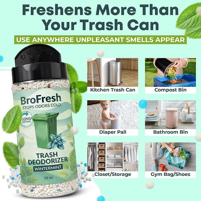 BroFresh Garbage Can Deodorizer, Neutralizes Odor, Absorbs Moisture & Releases Long-Lasting Scent, Safe & Non-Toxic, Trash Can Odor Eliminator (16 oz Single, Wintermint)