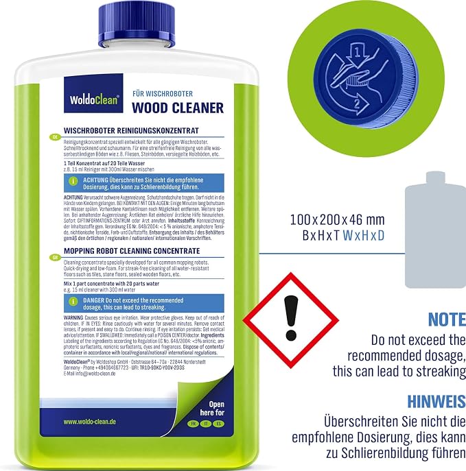 WoldoClean Wood Floor Cleaner for Robot Mops 25.36 fl.oz - pH-Neutral & Streak-Free, Compatible with Roborock, Dreame, Roomba, Tineco, Hardwood & Laminate Concentrate