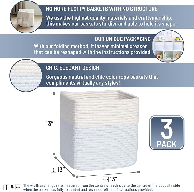 NaturalCozy 13 Inch Cube Storage Bins Cotton Rope Woven Baskets for Organizing 3-Pack | 13 x 13 Storage Cubes | Fabric Square Storage Baskets for Shelves Organizer, Kids Toy Bins, Closet Baby Nursery