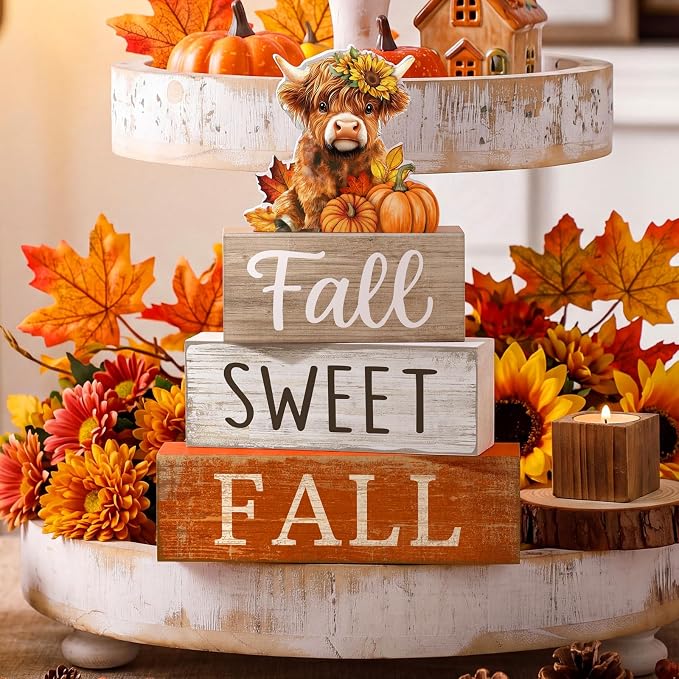 Moucuny 4 Pcs Fall Wooden Block Signs, Highland Cow Tiered Tray Farmhouse | Rustic Farmhouse Centerpiece for Kitchen Shelf Bathroom Laundry Room, Sweet Fall Harvest Theme Home Decor Gift