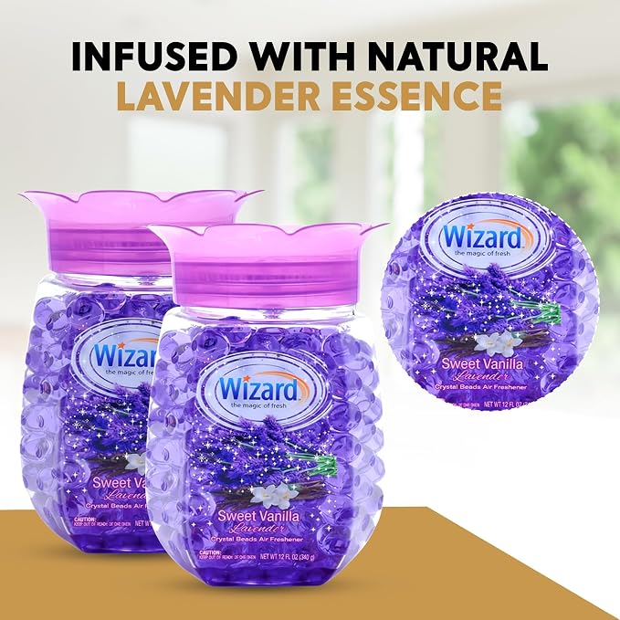 WIZARD Odor Eliminator Gel Beads - 12 oz, Pack of 12 - Air Freshners For Bathroom. Rooms, Per Areas and Car Freshner (VANILLA LAVENDER)
