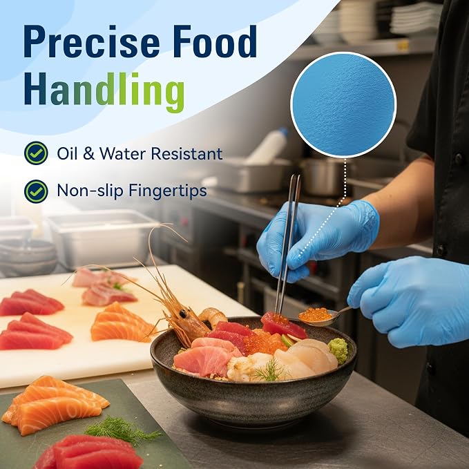 Blue Nitrile Gloves Disposable Latex Free, Food Safe | Rubber Gloves Powder Free for Food Prep, Cooking, Kitchen Cleaning