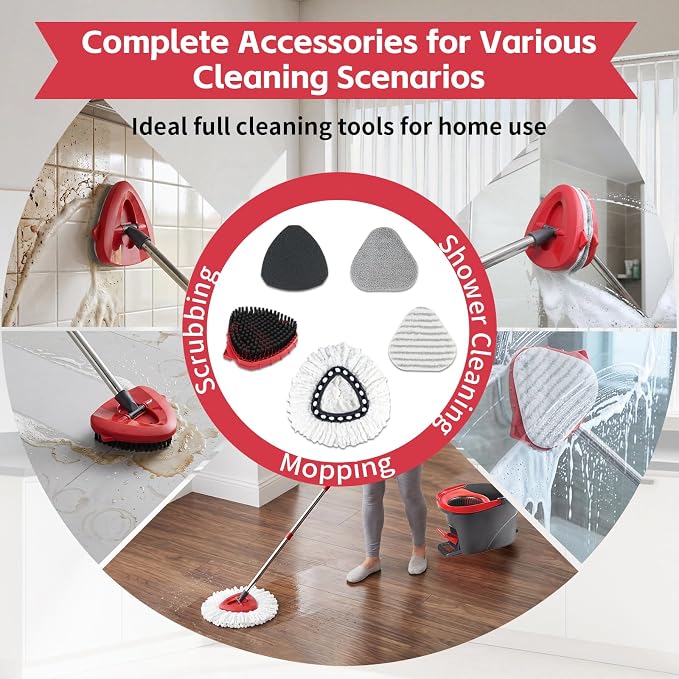 Spin Mop Replacement Head, Brush, Handle, Base for O Cedar 1 Tank System | 2 Microfiber Mops Refills, 2 Scrub Brush Replace Head, 2 Mop Pads, Mop Base, Mop Handle Complete Set for Home, Shower, Office