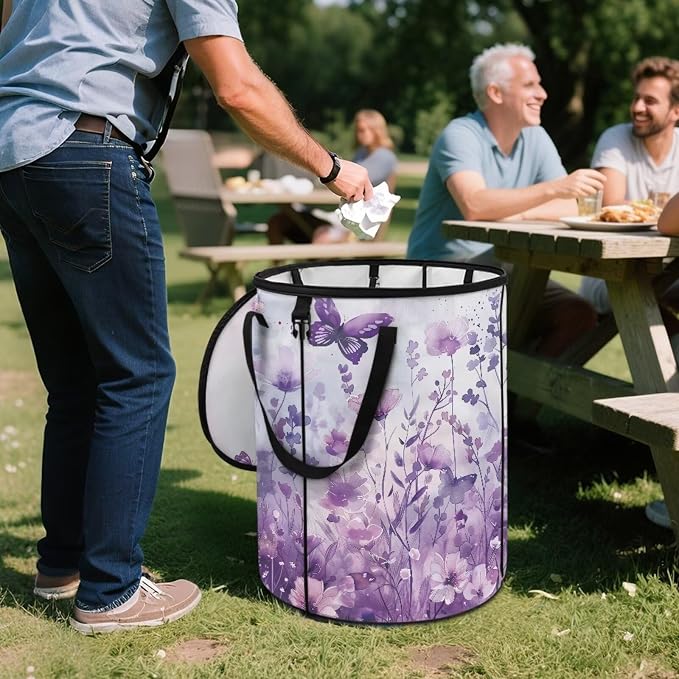 Butterfly Flower Collapsible Recycling Bin 24Gal - Compost Waste Container w/Sorting Clips & Lid | Waterproof Pop-Up Design for Lawn, Camping, Yard Waste Gifts for Outdoor Workers