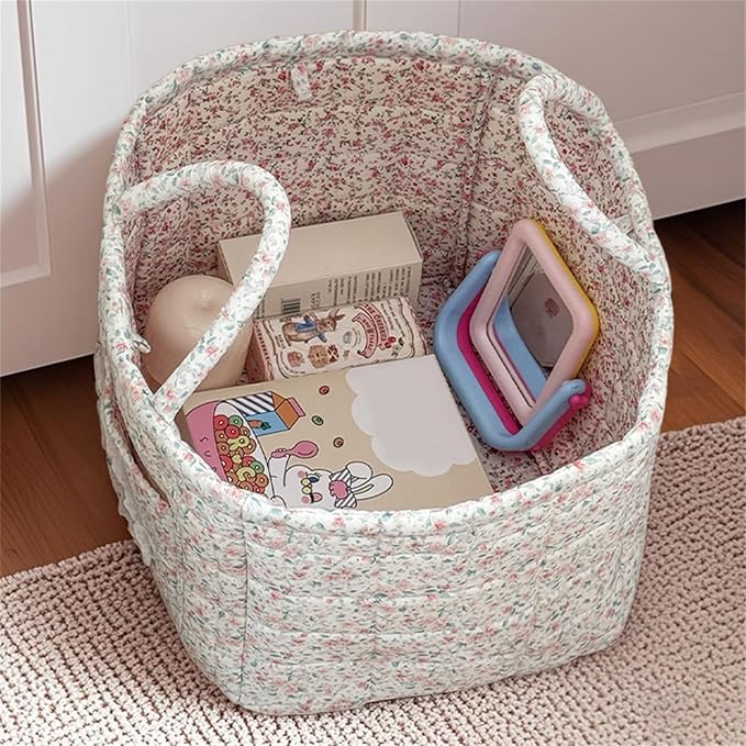 Boho Fabric Storage Basket Quilted Floral Print Baskets Organizer Bin with Handles for Home, Picnic, Shopping (Green, L)