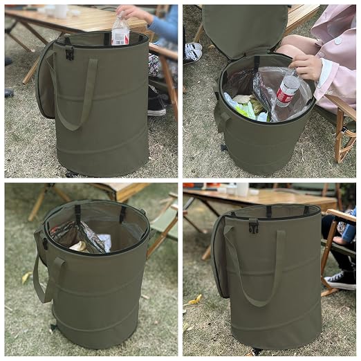 Pop up Camping Trash can,24 Gallon Collapsible Garden can with lid(Green) | Reusable Lawn and Leaf Bag with Sorting Clips,Heavy Duty 600D Oxford Fabric,Garden Garbage Yard Waste Bags for Outdoor Indoor