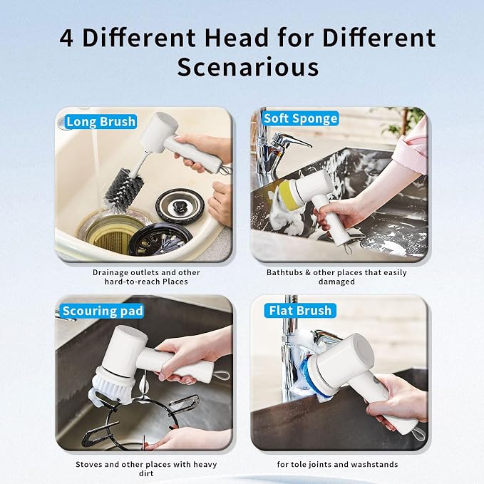 Electric Spin Scrubber, Cordless Handheld Brush, 2 Speeds | 4 Attachments1500mAh Battery IPX7 Waterproof 120-Min Runtime for Kitchen Bathroom Stovetop Glass Car