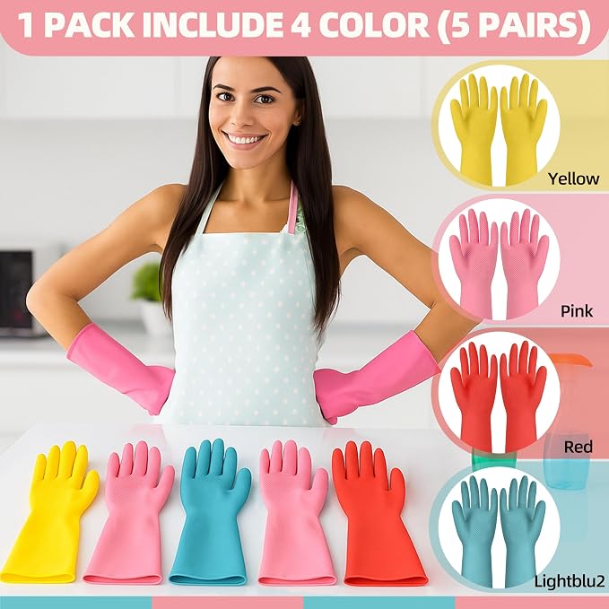 Xgunion Rubber Cleaning Gloves 5 Pairs Reusable Dishwashing (Small) | Colorful Household Kitchen Cleaning Gloves Non-Slip Grip for Washing Dishes - for Women Men