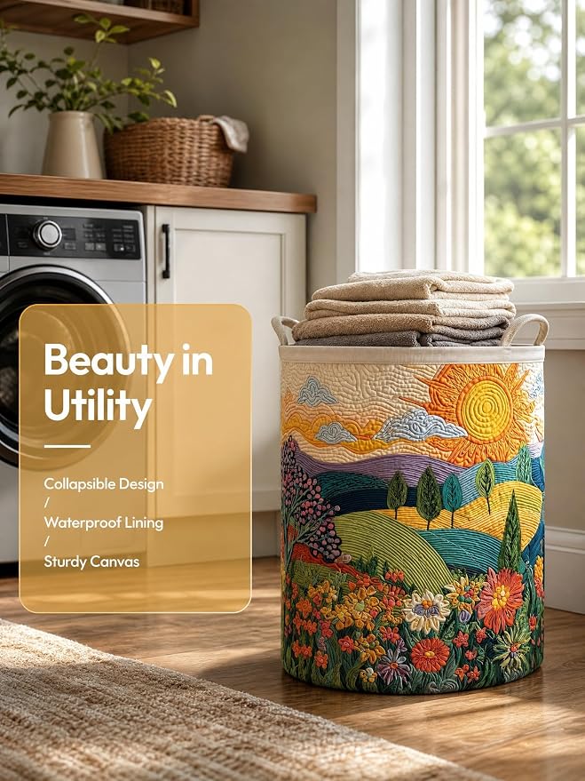 Quilted Laundry Basket with Handles, Boho Floral Quilted Storage Hamper, Large Capacity Laundry Hamper for Nursery Bedroom Laundry Room Home Decor (Pattern 08, Medium (22"H x 16"W x 16"L))