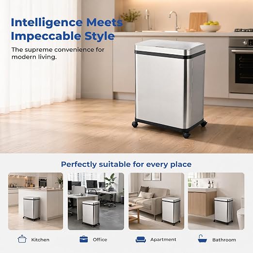 Pukomc Kitchen Trash Can,13 Gallon Motion Sensor Garbage Can | Brushed Stainless Steel ,Automatic Touchless,Removable garbage can ,Liner Pocket ,Fits Any Kitchen, Bathroom, Office, or Home
