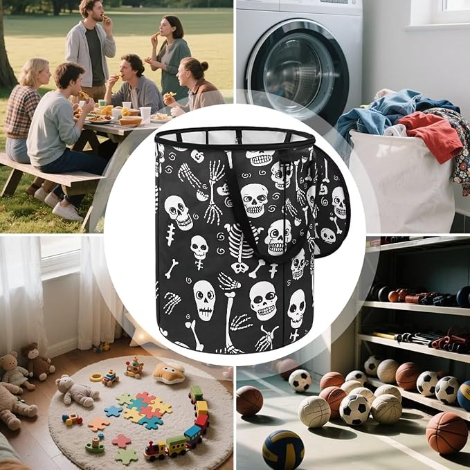 Collapsible Trash Can with Lid and Handles 24 Gallon Large Capacity Foldable Garbage Can for Camping Outdoor Reusable Waster Bag Black Skull Print