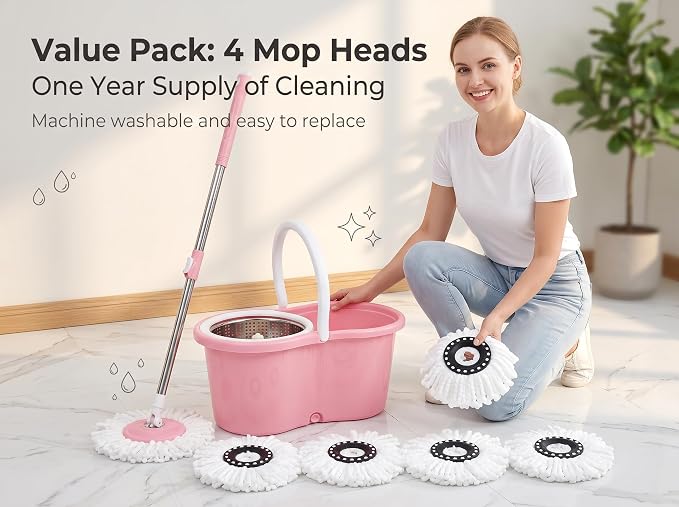 Spin Mop and Bucket Floor Cleaning System with 4 Refills,Pink | Stainless Steel Basket, Hands-Free Wringing, 360° Rotating Head, Adjustable Handle, Machine Washable Refills