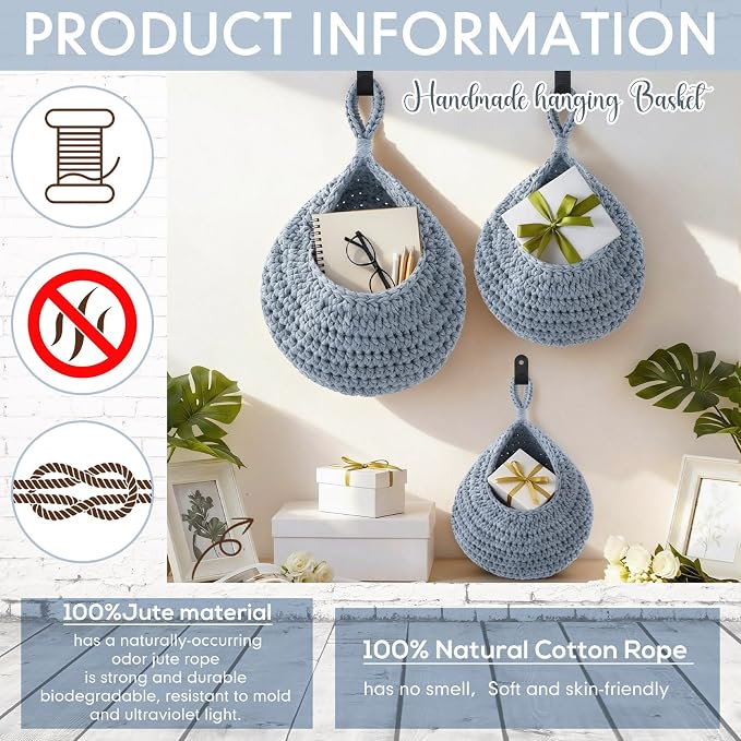 3 Hanging Baskets,Light Blue,Teardrop,Cotton Rope | Wicker Wall Baskets with Hooks for Fruit Vegetable Onion Storage, Teardrop Organizer for Kitchen, Boho Farmhouse Decor