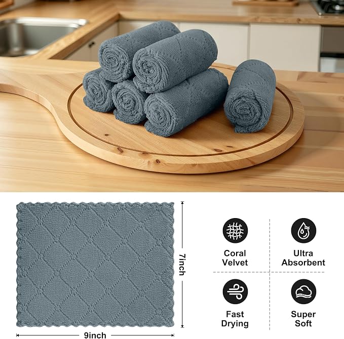 Homaxy Super Soft 18 Pack Coral Velvet Dish Cloths, 7" x 9", Dark Grey | Ultra-Absorbent Dishcloths, No Lint, Nonstick Oil, Fast Drying, Microfiber Cleaning Cloth