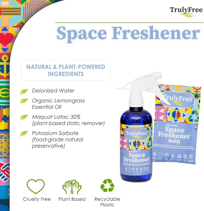 Truly Free Space Freshener Starter Kit - Lemongrass - 12oz + 1 Fill, 3oz | Car and Air Fresheners for Home, Natural Odor Eliminator Room Spray, No Synthetic Fragrances