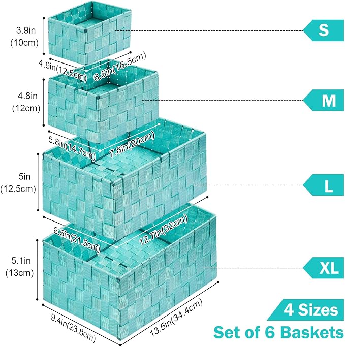 Storage Baskets: 6 Pack Stackable Woven Storage Bins, Aqua | Decorative Woven Baskets for Organizing with Built-In Handles for Shelves, Closets, Cabinets and Cubbies, Gift Small Basket