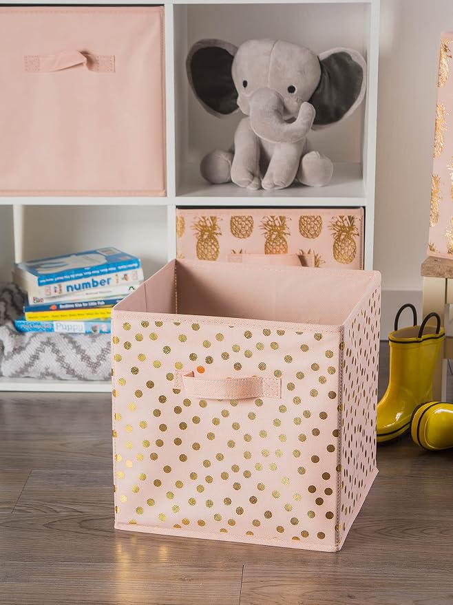 DII Woven Polyester Storage Bin, Polka Dot, Pink & Gold, Small Set of 4