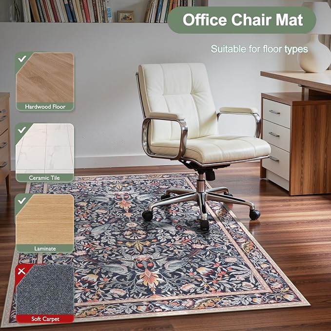 Anidaroel 48"x60" Office Chair Mat for Hardwood Floor/Tile, Vintage Desk Chair Mat for Hardwood, Anti-Slip Floral Bird Rug for Office, Low Plie Floor Protector for Rolling Chairs, Taupe