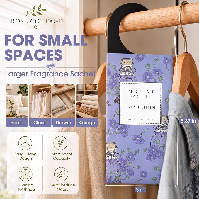 Large 12 Packs Fresh Linen Hanging Scented Sachets Long-Lasting Closet Deodorizer Air Freshener Fabric Refresher Odor Eliminator for Drawer Home Fragrance Gift Set