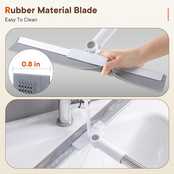 Floor Squeegee Broom with Rubber Scrubbing Teeth, 16 Inch 2-in-1 Magic Broom with 54 Inch Telescopic Long Handle, Shower Floor Squeegee for Bathroom, Kitchen, Tile, Concrete, Pet Hair