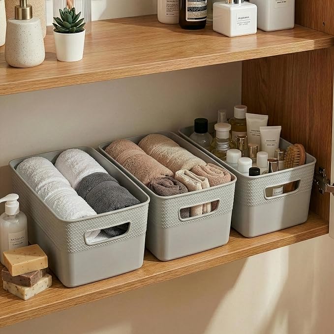BINO | Plastic Storage Bins, 5 Liter - 3 Pack, Natural Grey | THE BRAIDED COLLECTION | Plastic Bins for Organization | Woven Storage Baskets for Organizing Pantry Shelf Organizer Basket Container Bin