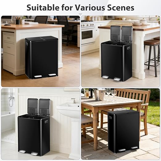 SUPER DEAL Kitchen Trash Can, 16 Gallon 60L Dual Garbage and Recycling Can with Foot Pedal for Kitchen, Living Room, Office, Removable Inner Buckets Soft Close Lid Odor Proof, Stainless Steel, Black