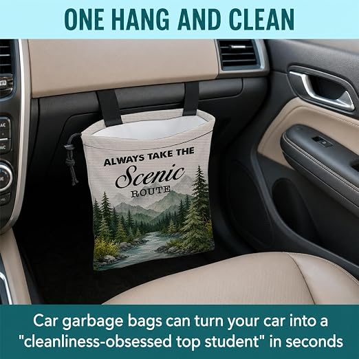 Nature Landscape Scenic Car Trash Bag Hanging for Back Seat | Camping Camper Hiking Gifts Canvas Drawstring Car Garbage Bag with Adjustable Buckle Vehicle Trash Can