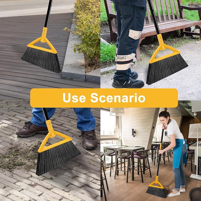 Heavy Duty Yellow Angle Broom with Long Handle - 3 Pack | Versatile Indoor/Outdoor Sweeping, for Courtyard/Garage/Sidewalk/Kitchen/Lobby/Canteen, Durable & Efficient