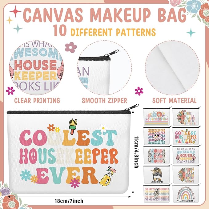 Kacctyen 10 Pcs Housekeeping Week Appreciation Gifts for Women Housekeeper Makeup Cosmetic Canvas HK Pouch Bags Portable Makeup Pouch Bag Travel Organizer for Party Favors