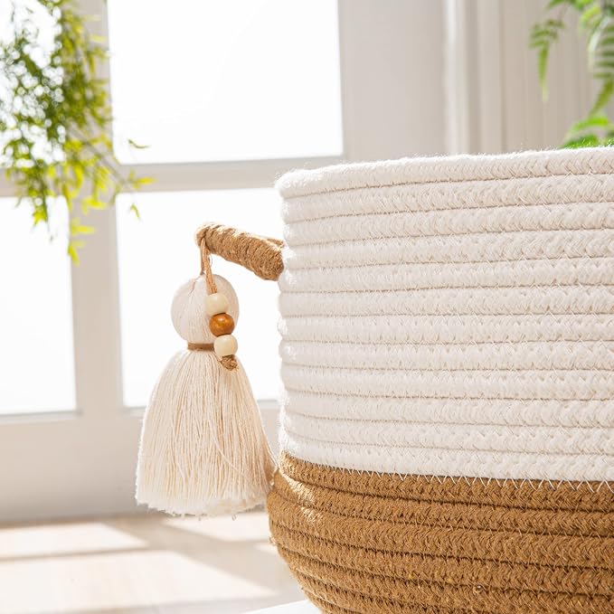KAKAMAY Woven Baskets for Storage(16"x8"),Blanket Basket for Organizing Living Room,Cotton Rope Basket Woven Baby Laundry Hamper,Collapsible Laundry Room Organization,Clothes,Toy Chest(Brown)