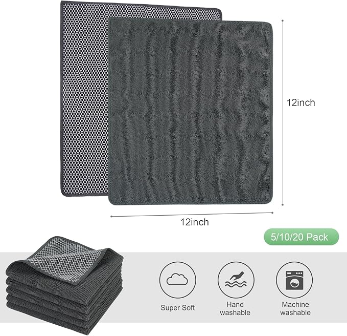 Dish Cloth for Washing Dishes Kitchen Washcloth Cleaning Cloth | 12x12inch 20pack Kitchen Towels Rags, Microfiber Cleaning Cloths, Wash Cloths with Poly Scour Side, Wholesale, Dark Grey