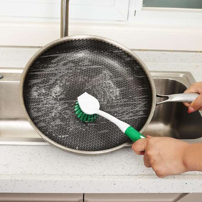 Dish Brush with Handle, 2 Pack Scrub Brushes, Green | Built-in Scraper, For Cleaning Kitchen, Pots, Pans and Sink, Scrubber Washing Tools