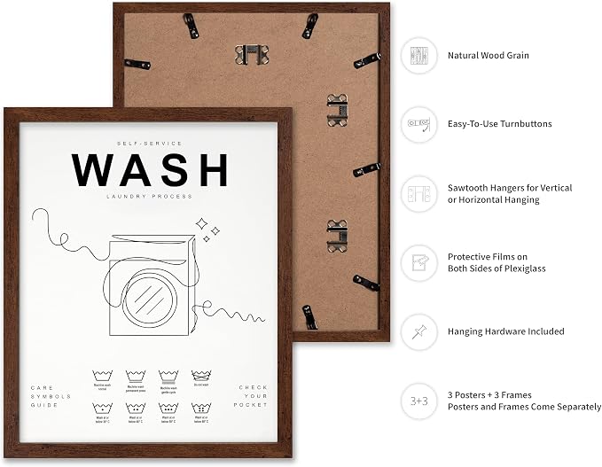 Poster Master 3-Piece Wash Dry Fold Print - Laundry Poster - Line Drawing Art - Black & White Design - Symbols & Guide Art - Minimal Laundry Room Decor - 11x14 Brown Framed