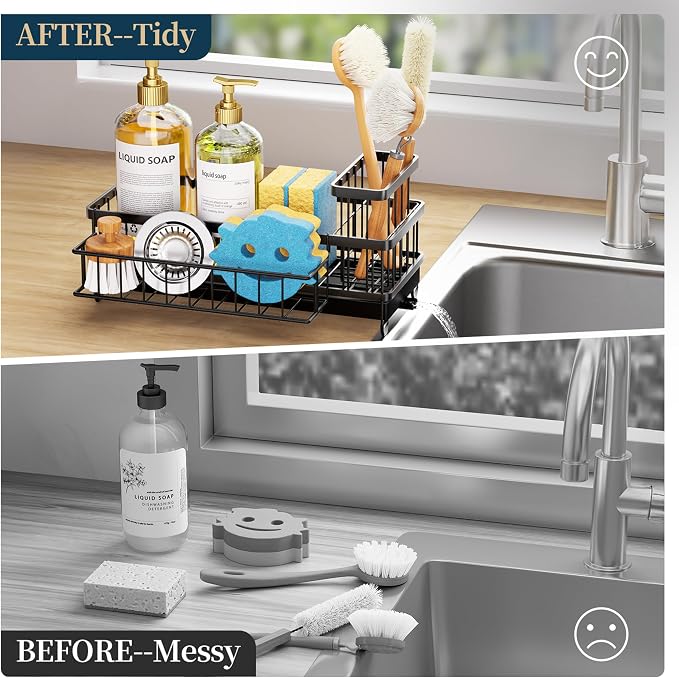 Consumest Sponge Holder for Kitchen Sink - Auto Draining Sink Caddy Organizer with Detachable Rack, High Brush Holder, Kitchen Countertop Storage Accessories, Black-Extra Large