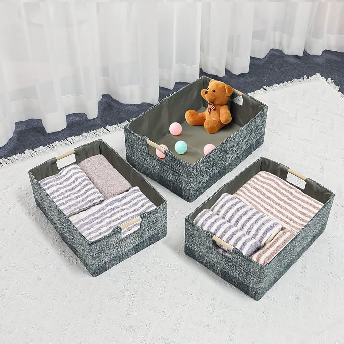 Fabric Storage Box, 15x11in Foldable Cotton Linen Basket with Wooden Handle | Medium Rectangular Cube Decorative Home Laundry Organizer Clothes Blanket Container Organizing Clothes Sheet, Dark Gray Plaid